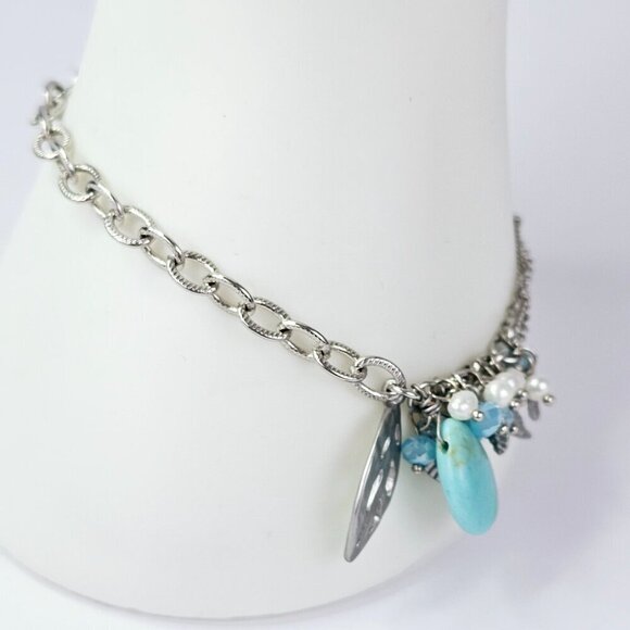 Silver Leaf Charm Bracelet With Turquoise Blue Stone And Beaded Accents NWT - Picture 7 of 12